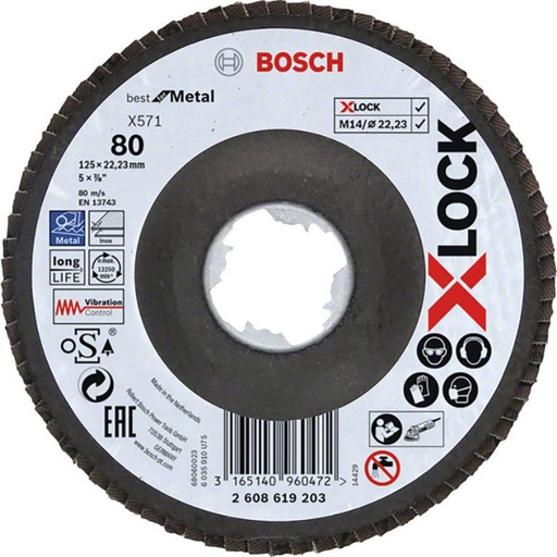 [2608619203] Bosch X Lock Zirconium Abrasive Flap Disc 125mm 80g Pack of 1