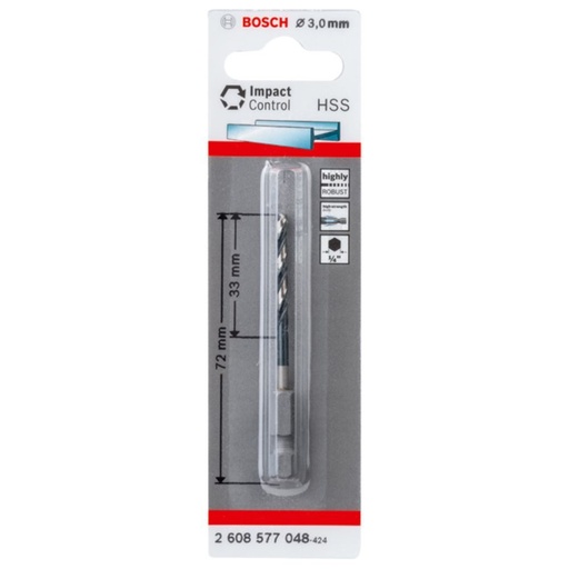 [2608577048] Bosch HSS Hex Shank Drill Bit 3mm Pack of 1