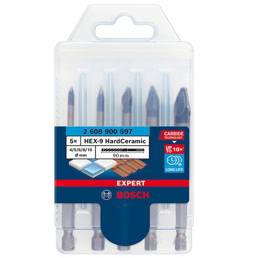 [2608900597] Bosch Expert 5 Piece HEX-9 Hard Ceramic 10x Longer Hard Ceramic Porcelain Tile Drill Bit Set